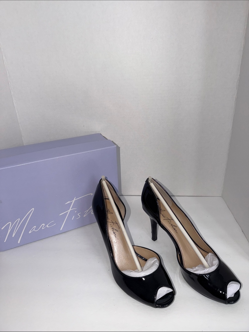 Marc Fisher Black Patent Peep-Toe Stiletto Heels-Sz 6.5